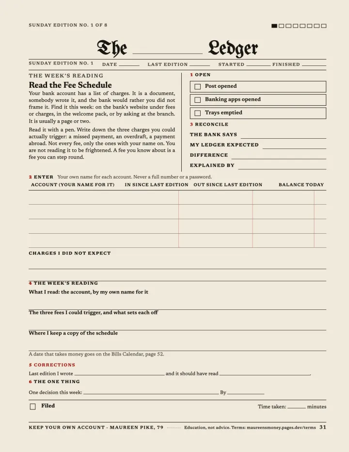 Sunday Edition No. 1: a one-page weekly form with a blank masthead for your surname.