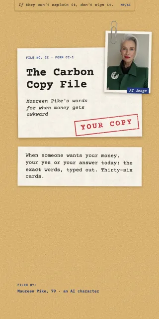 AI image of Maureen Pike, a fictional character, on the cover of The Carbon Copy File