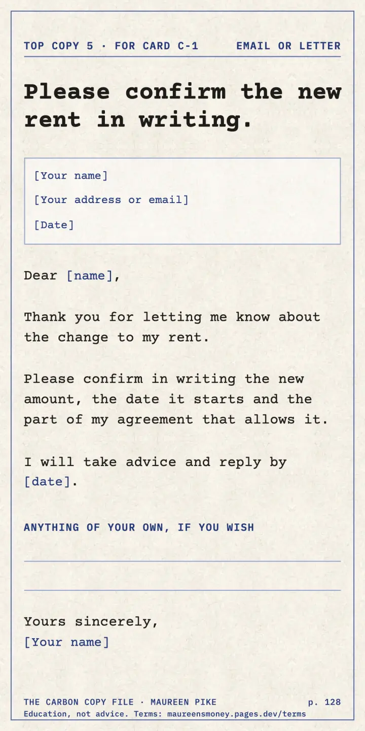A ready-to-send letter asking for the new rent in writing.